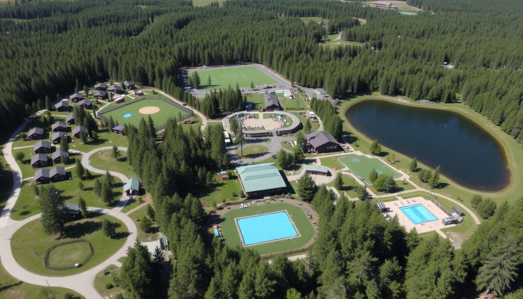 Vista aérea de las instalaciones de Camp New York mostrando lagos, bosques y áreas de actividades