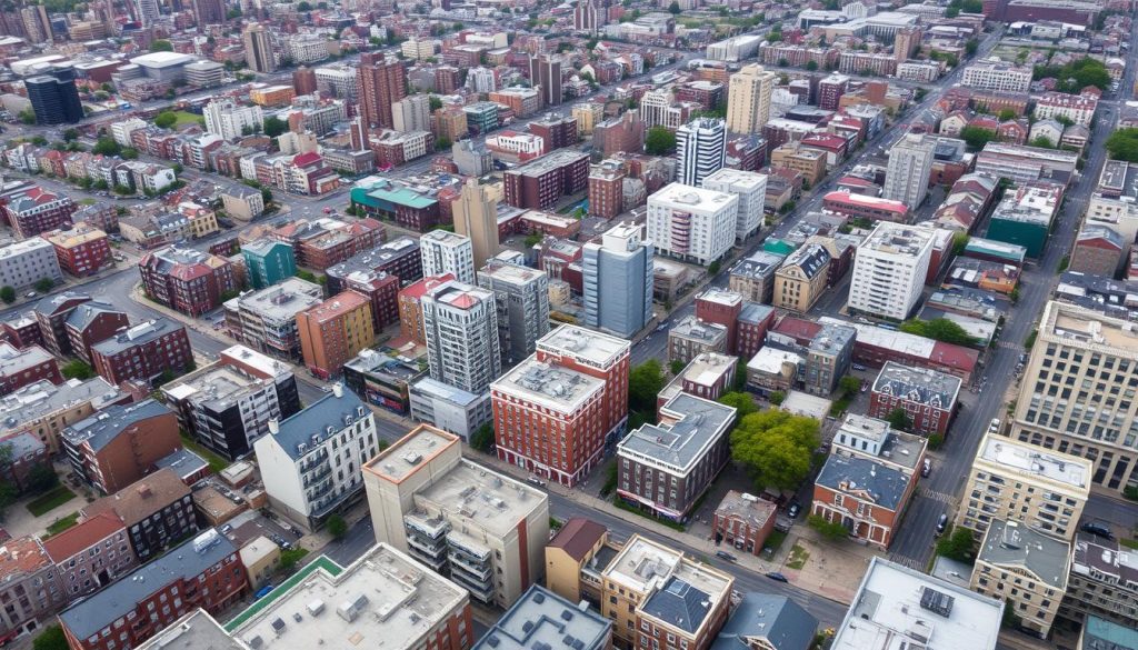 Vista aérea de los diversos barrios de America Queens mostrando su arquitectura única