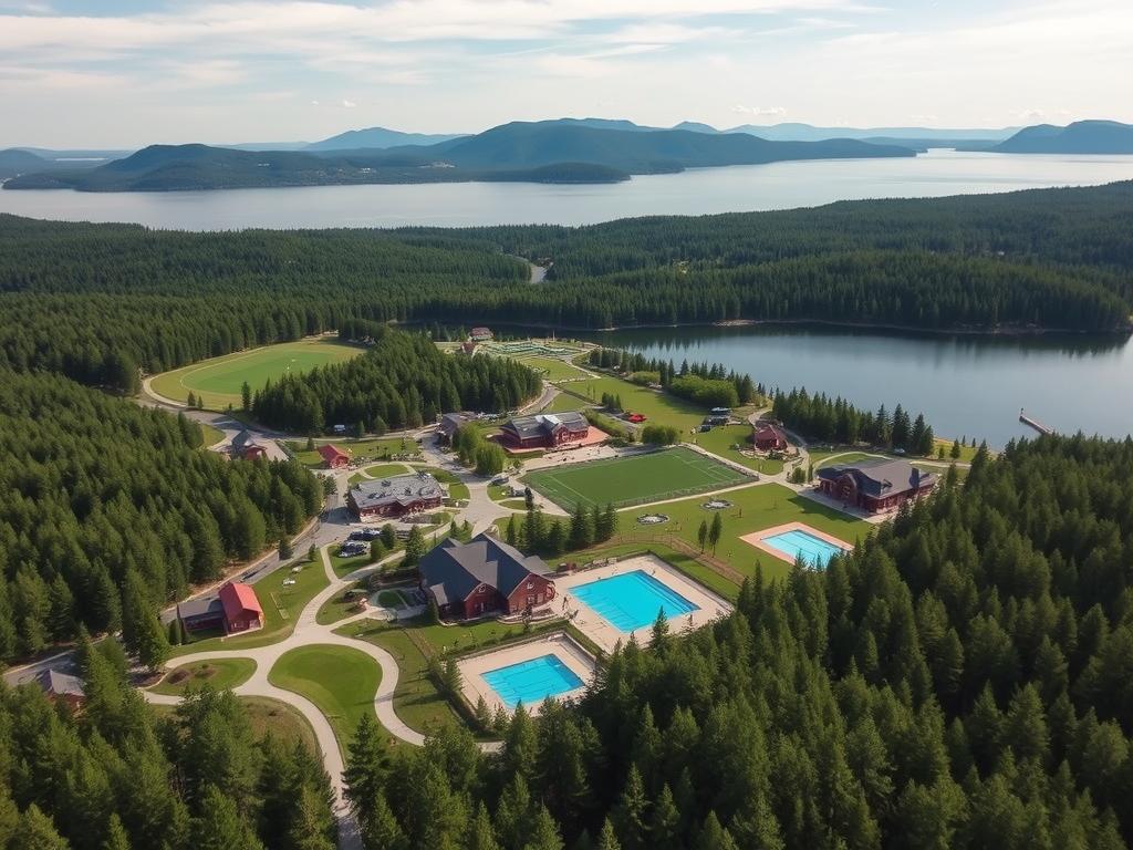 Vista aérea del campamento de verano con todas sus instalaciones