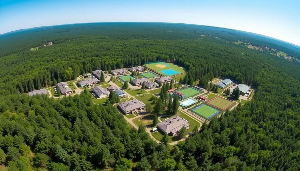 Vista panorámica de las instalaciones de Camp New York rodeadas de naturaleza
