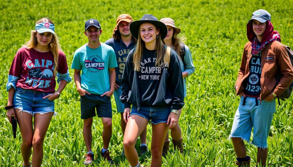 A field of vibrant, lush greenery serves as the backdrop for a group of stylish individuals showcasing their personal camp outfits. In the foreground, a crisp, natural lighting illuminates a collection of casual yet expressive attire, including distressed denim shorts, vintage graphic tees, and trendy, oversized hoodies. The middle ground features a diverse array of accessories, from colorful bandanas and baseball caps to rugged hiking boots and leather backpacks, all bearing the "Camp New York" logo. The overall atmosphere is one of youthful energy, exploration, and a celebration of individual style, perfectly capturing the spirit of the "Camp Outfit Ideas for Personal Expression" section.