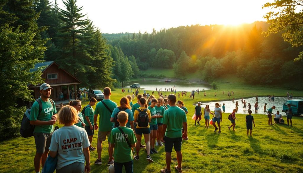 A group of enthusiastic counselors gathered at the rustic "Camp New York" nestled in a lush, verdant forest. In the foreground, they excitedly prepare for the day's activities, donning vibrant camp shirts and carrying sports equipment. The middle ground reveals a bustling scene, with campers of all ages engaging in various outdoor pursuits - some swimming in the sparkling lake, others playing capture the flag in the meadow. In the background, the sun casts a warm, golden glow, illuminating the serene landscape and creating an atmosphere of carefree summer joy. Soft, diffused lighting accentuates the natural setting, inviting the viewer to imagine the laughter, friendship, and memories that unfold at this beloved summer camp.