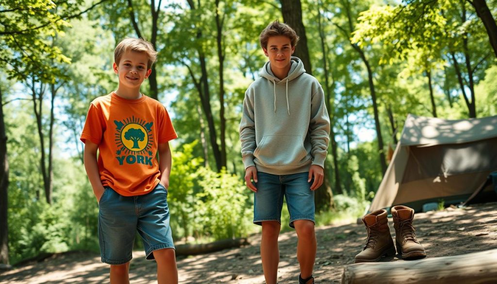 A sun-drenched campsite in the heart of upstate New York, the iconic "Camp New York" comes alive with essential summer attire. In the foreground, a vibrant t-shirt in a playful graphic print pairs effortlessly with durable, well-worn denim shorts. In the middle ground, a cozy, oversized hoodie in a neutral shade provides versatile layering, while a sturdy pair of hiking boots with rugged soles ground the look. The background sets the scene with a backdrop of lush, verdant foliage and the gentle sway of trees, evoking the serene, outdoorsy atmosphere of summer camp. The overall mood is one of casual, carefree adventure, perfect for exploring nature and embracing the spirit of the great outdoors.