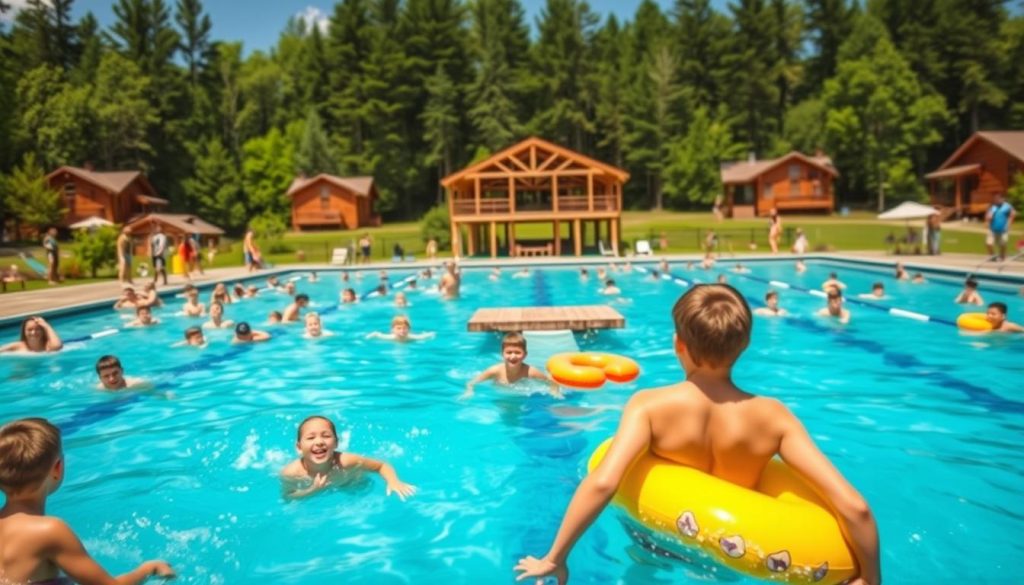 A vibrant swim camp scene at "Camp New York" on a sunny summer day. In the foreground, a group of campers excitedly engage in various water activities like swimming, diving, and playing with inflatable toys. The middle ground features an Olympic-sized pool surrounded by lush greenery and a wooden dock. In the background, cabins and a central pavilion stand amid towering pines, creating a serene, camp-like atmosphere. Warm, golden lighting and a shallow depth of field add to the sense of energy and natural beauty. The scene conveys the joy and skill development of swimming within the larger context of a well-rounded summer camp experience.