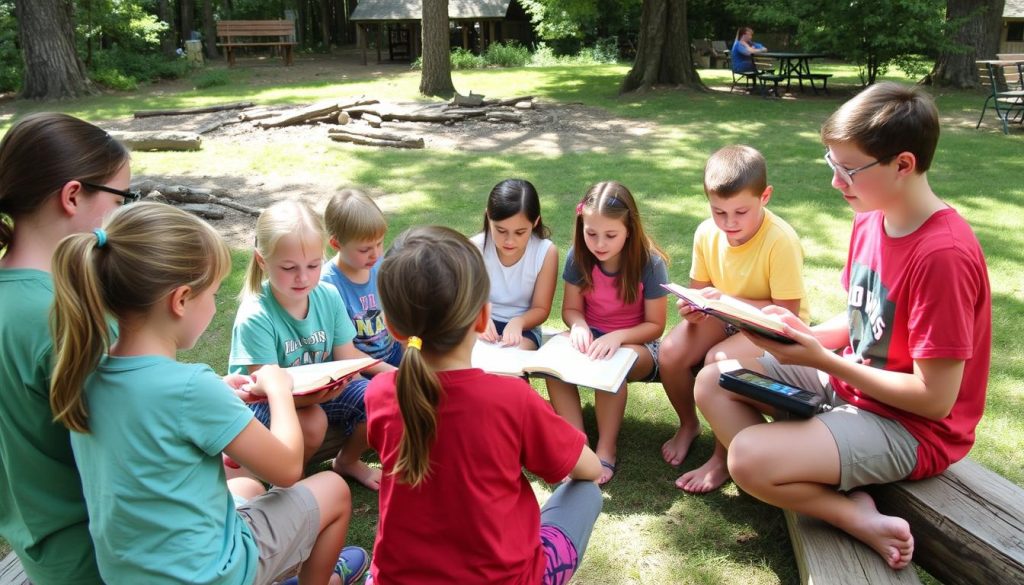Age-specific Bible study groups at Christian summer camp Age-specific Bible study groups at Christian summer camp