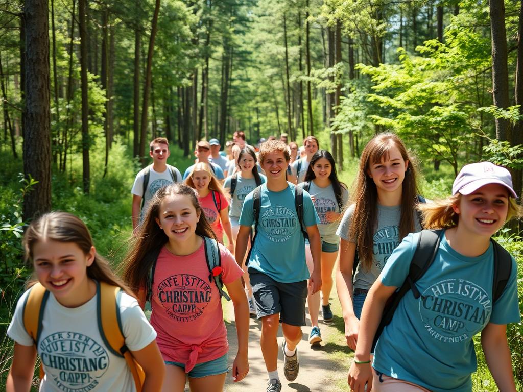 Campers hiking through forest trails at a Christian summer camp Campers hiking through forest trails at a Christian summer camp