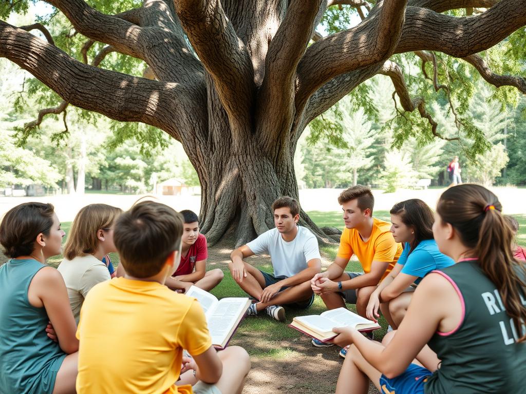 Counselor teaching Bible study to attentive campers Counselor teaching Bible study to attentive campers