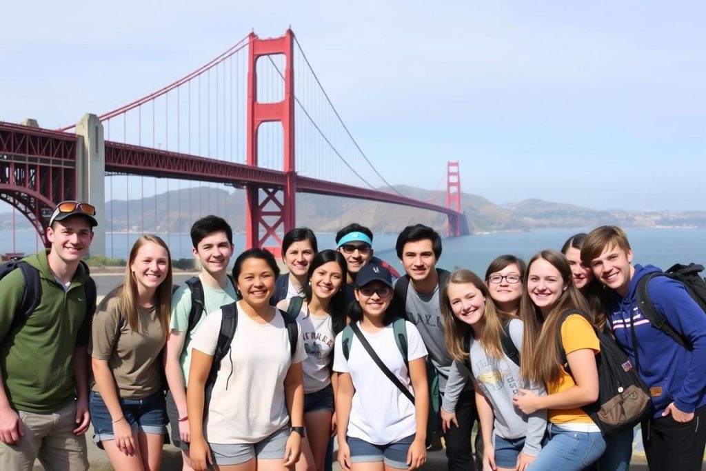 Group of international camp counselors enjoying their time off at an American landmark Group of international camp counselors enjoying their time off at an American landmark