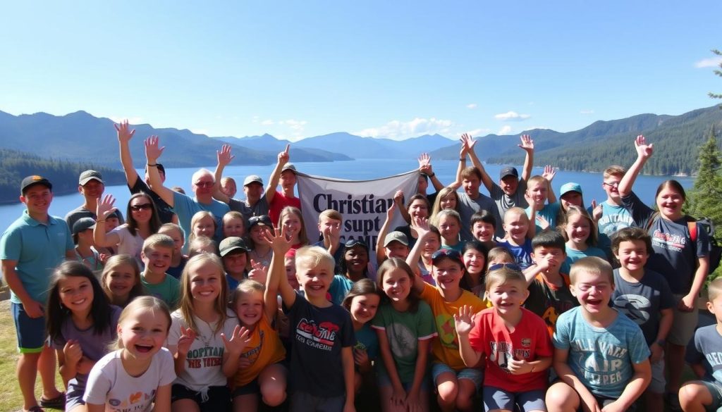 Group photo of happy campers at Christian summer camp Group photo of happy campers at Christian summer camp