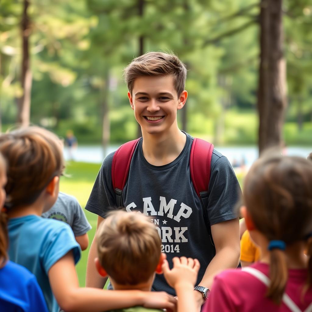 Happy camp counselor leading outdoor activities with children at an American summer camp Happy camp counselor leading outdoor activities with children at an American summer camp