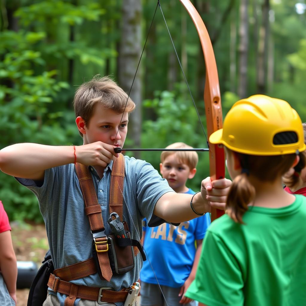 Sports specialist teaching archery to campers at an American summer camp Sports specialist teaching archery to campers at an American summer camp