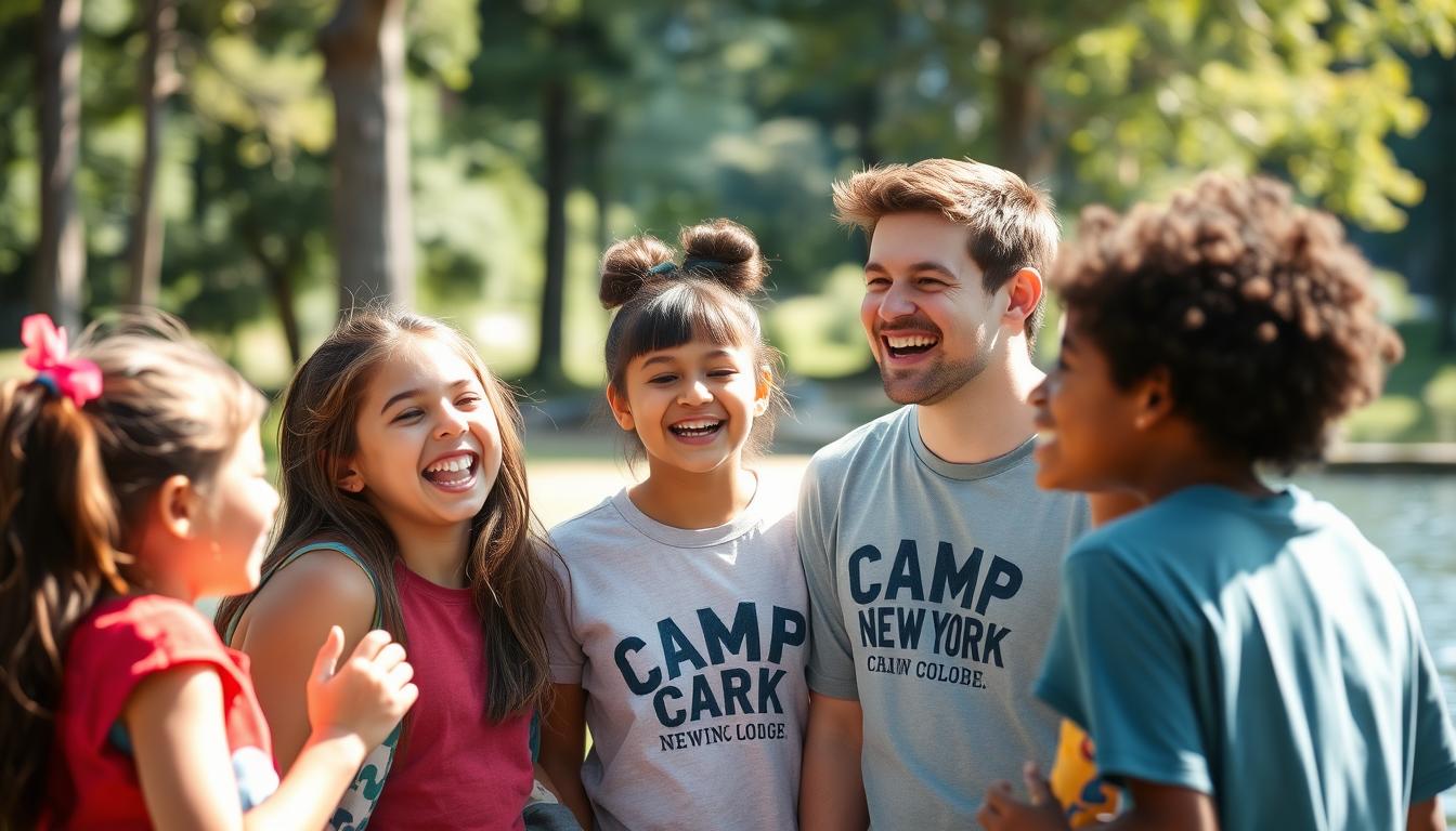 A camp counselor laughing with a group of excited campers during an outdoor activity, showcasing camp counselor characteristics in action