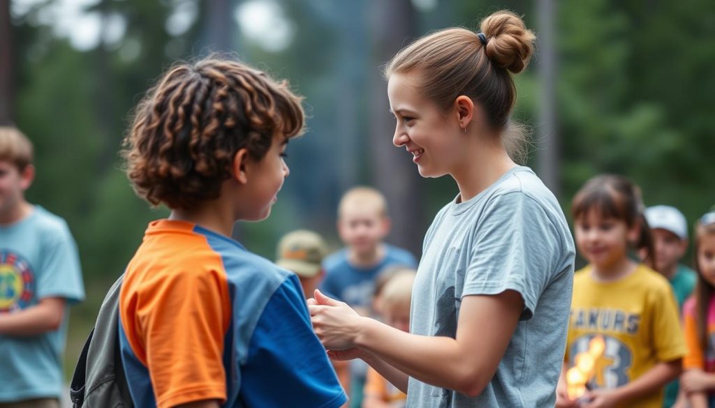 A counselor and camper sharing a meaningful moment that demonstrates the lasting impact of positive camp counselor characteristics