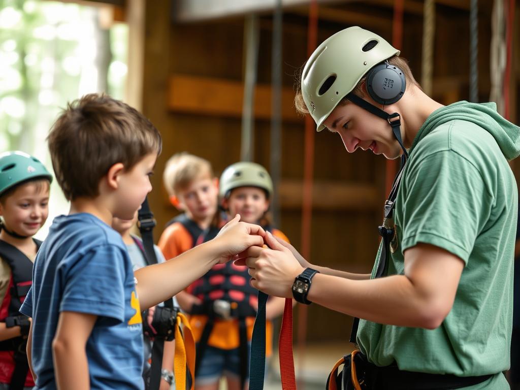 A counselor carefully checking safety equipment before an activity, showing responsibility - a vital camp counselor characteristic