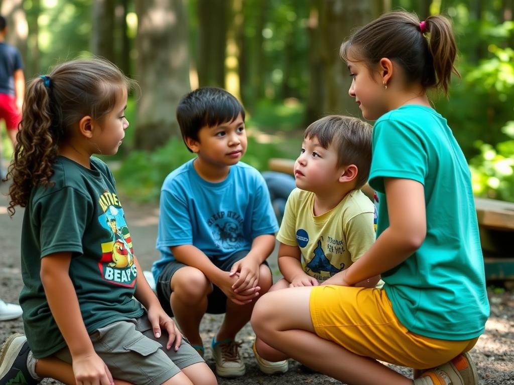 A counselor helping campers resolve a conflict peacefully, showing emotional intelligence - a key camp counselor characteristic