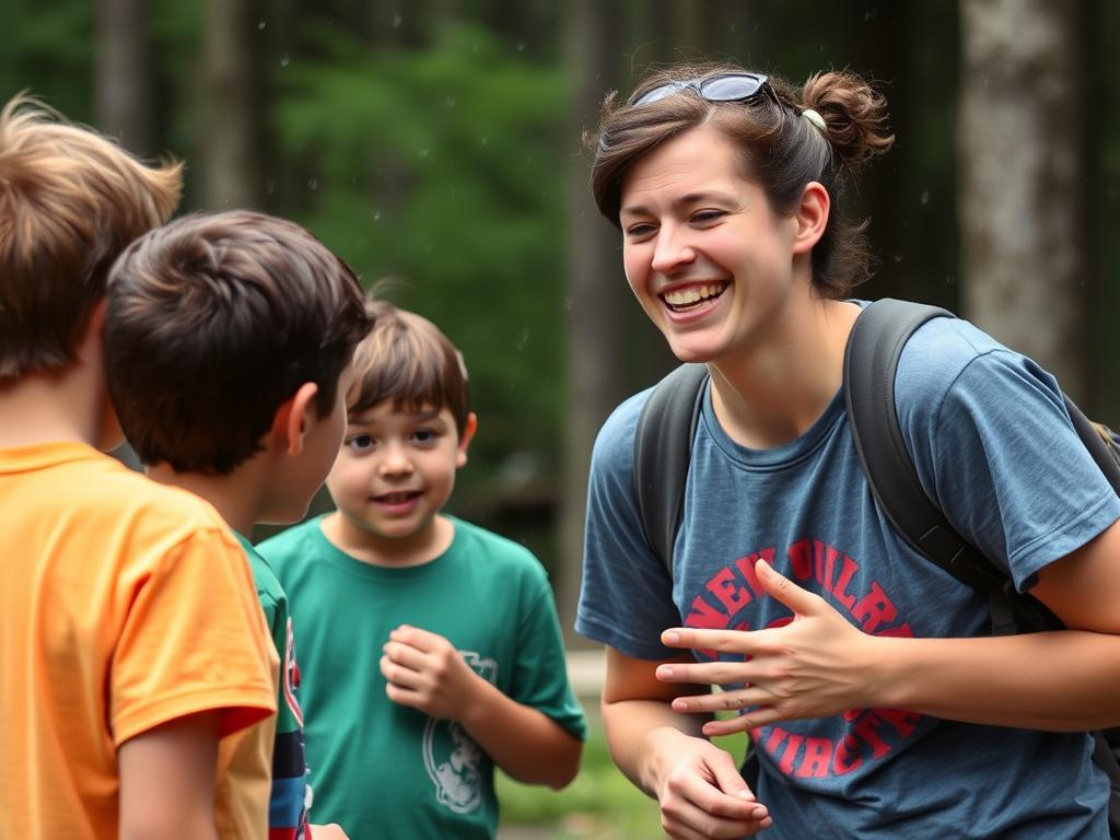 A counselor maintaining a positive attitude during a challenging situation, showing an essential camp counselor characteristic