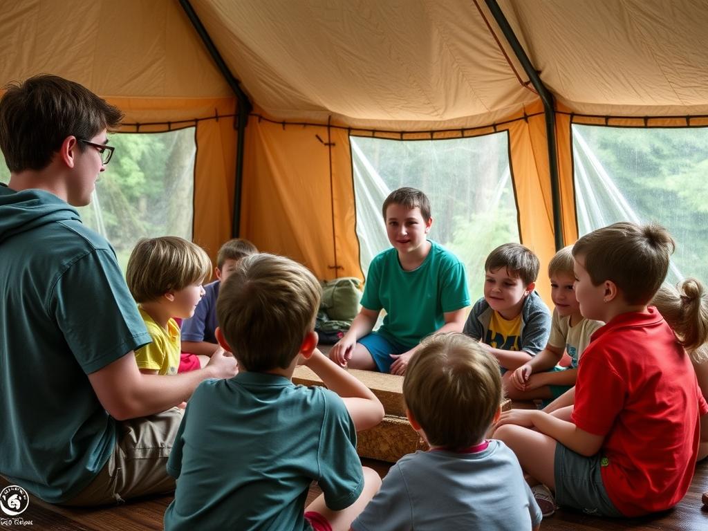 A counselor quickly adapting activities during unexpected rain, showing flexibility - a key camp counselor characteristic