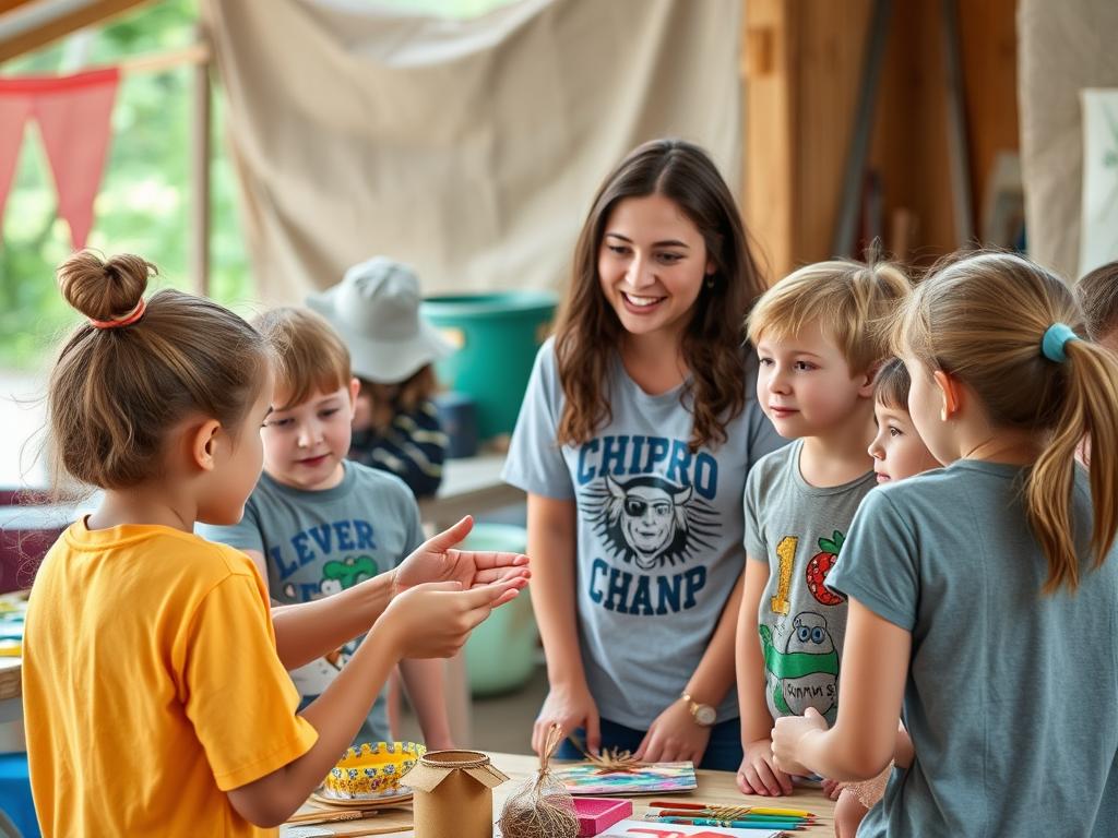 A creative counselor leading an imaginative camp activity, highlighting important camp counselor characteristics