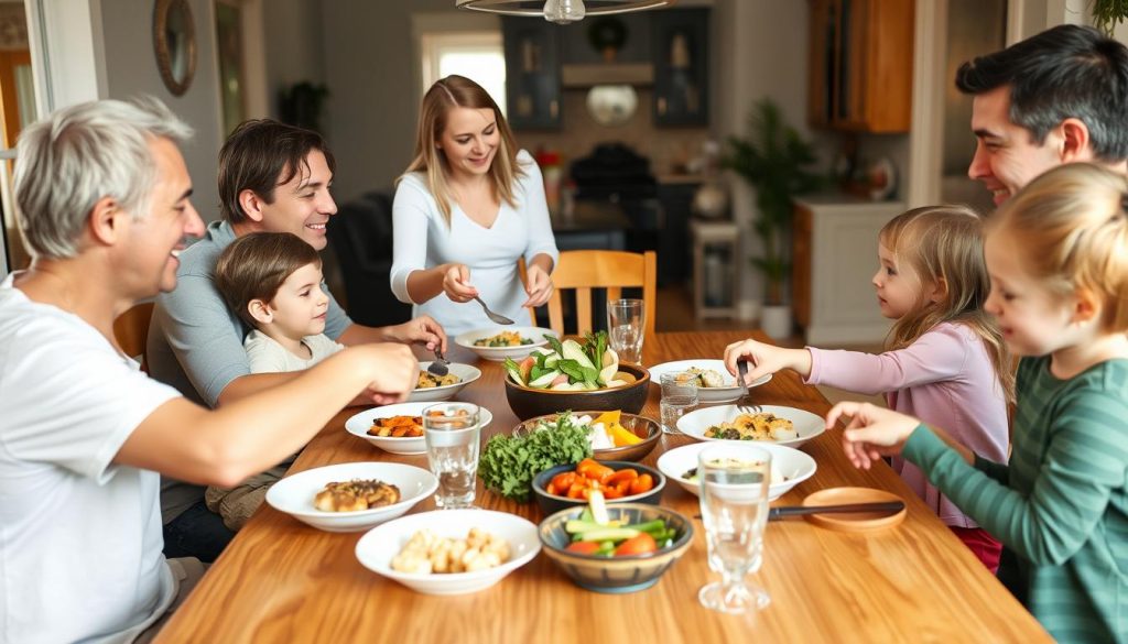 A family dinner scene with an au pair integrated into family life, showing why do au pairs have to live with you is a program requirement