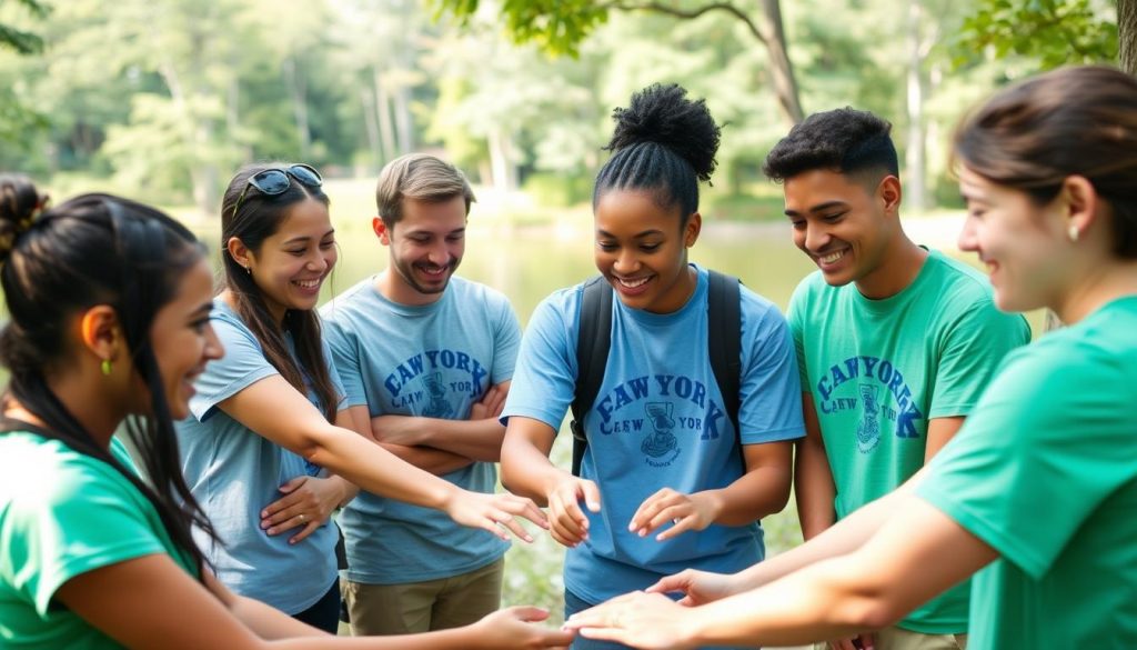 A group of counselors participating in team training exercises to develop camp counselor characteristics