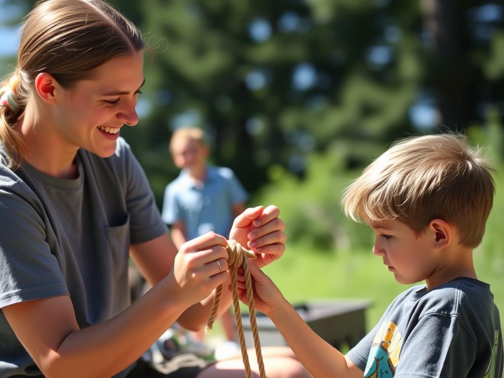 A patient counselor teaching a young camper to tie a knot, demonstrating an essential camp counselor characteristic