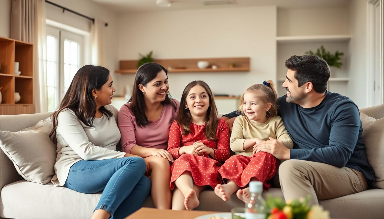 An au pair and host family sitting together in a living room, illustrating the live-in arrangement that's central to do au pairs have to live with you question