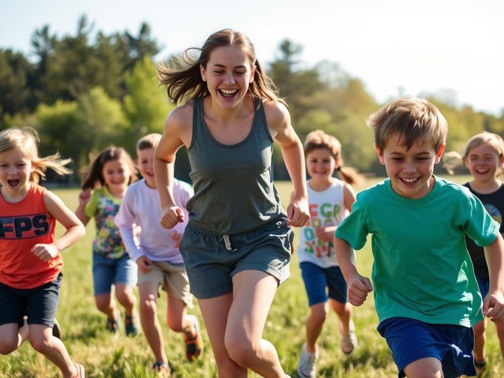 An energetic counselor playing an active game with campers, showing the stamina needed as a camp counselor characteristic