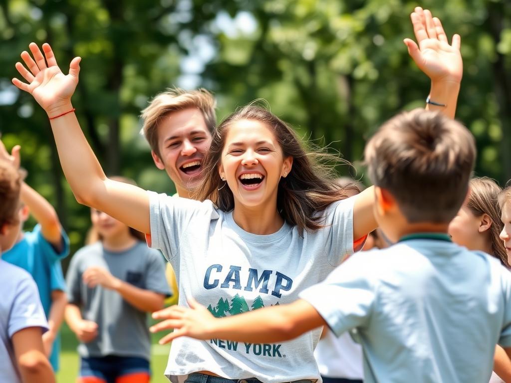 An enthusiastic camp counselor leading an energetic camp activity, demonstrating key camp counselor characteristics