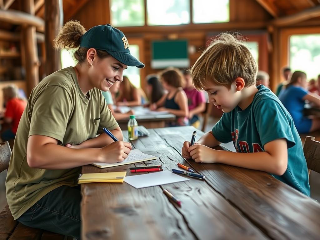 Camp counselor helping campers with appropriate communication following summer camp rules