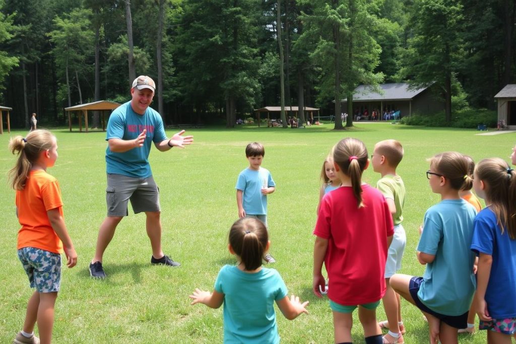 Camp counselor leading an engaging activity following summer camp rules