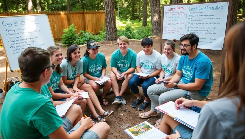 Camp counselors in a training session learning about summer camp rules