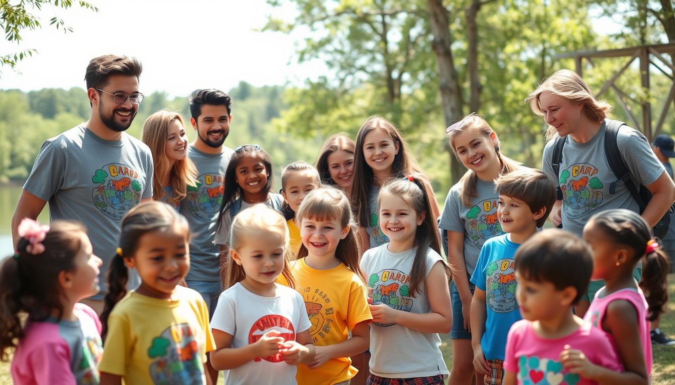 Camp counselors leading a group activity with excited campers at summer camp