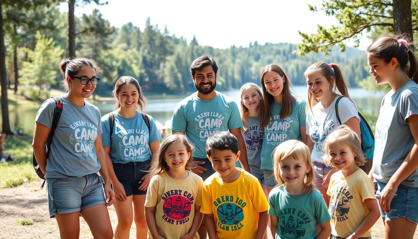 Camp counselors leading activities with excited campers at sleep away camp