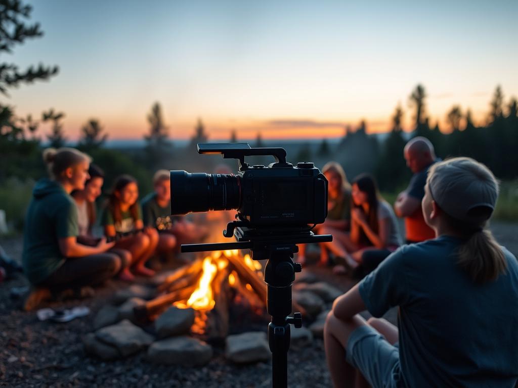 Camp videographer capturing footage of campers during a campfire gathering