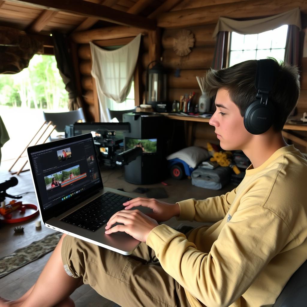 Camp videographer editing footage on a laptop in an outdoor setting