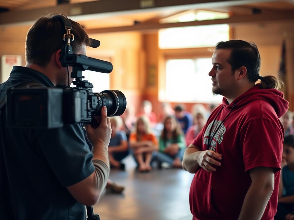 Camp videographer filming a documentary-style interview with a camp counselor