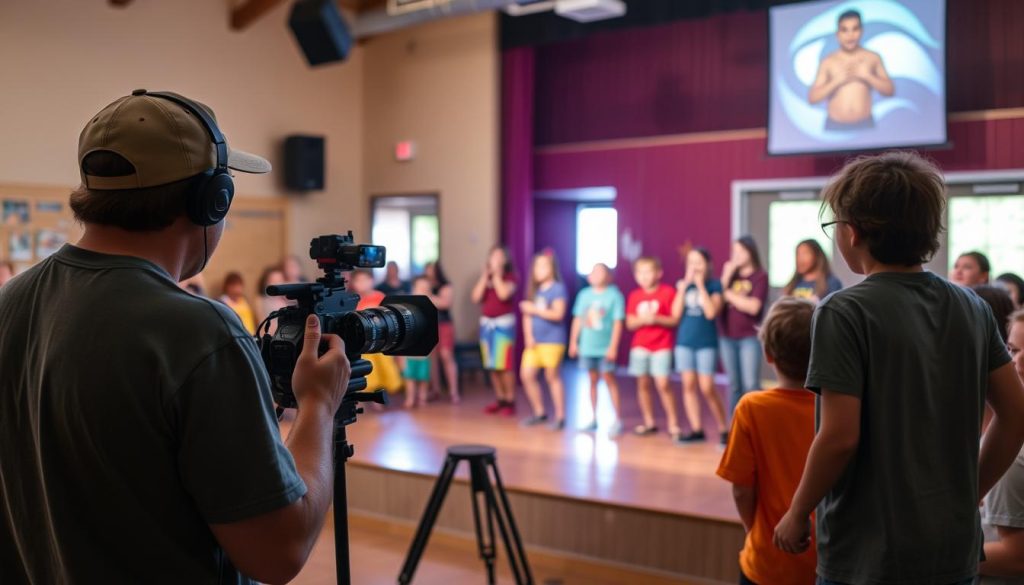 Camp videographer filming a group of campers performing in a talent show