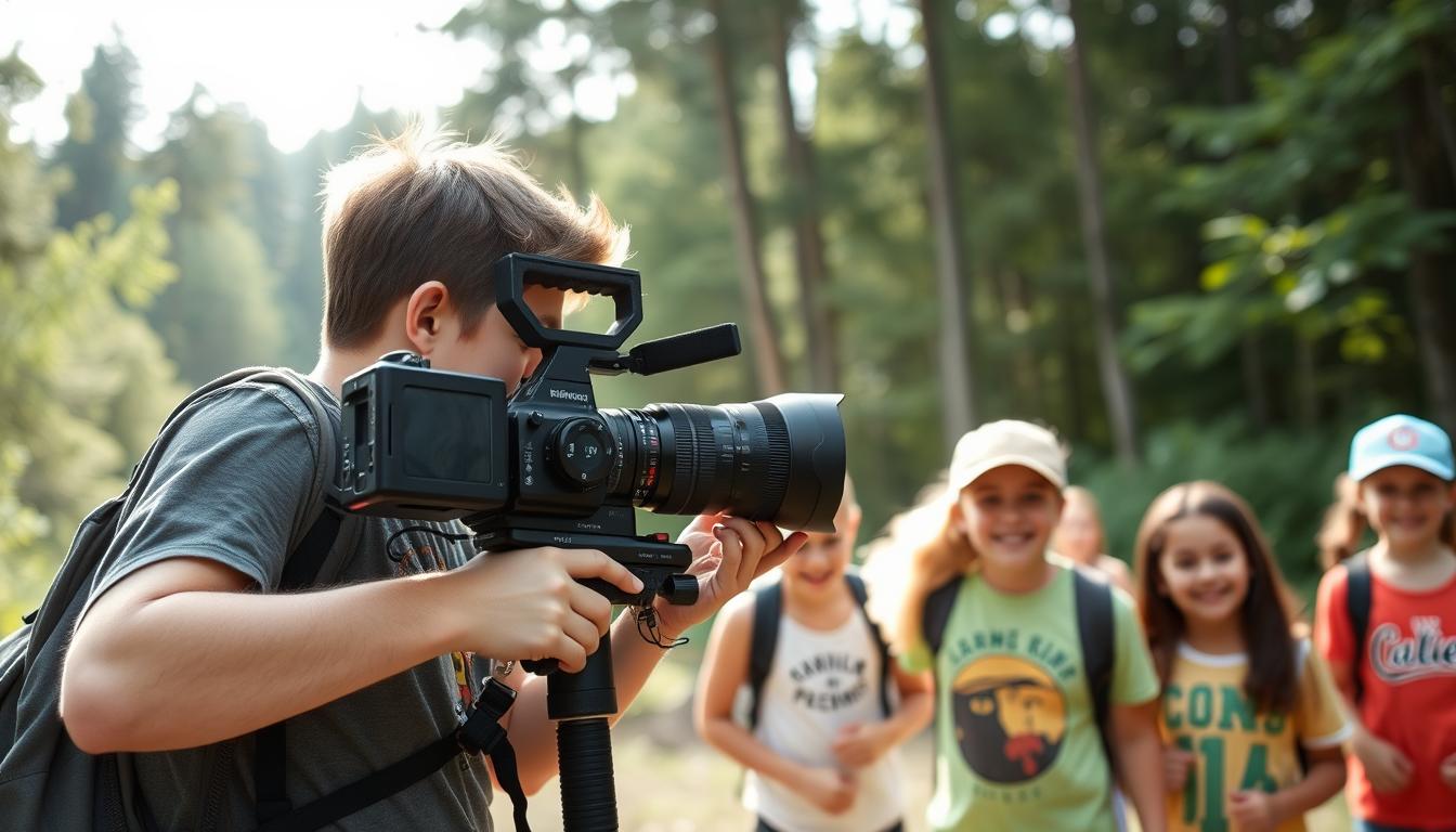 Camp videographer filming smiling campers during outdoor activities at Camp New York