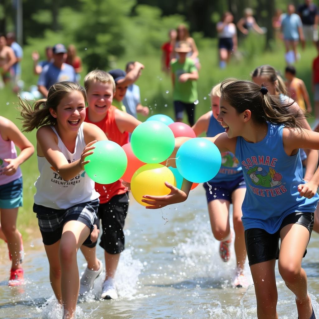 Campers competing in a water balloon relay during Olympic Camp Games