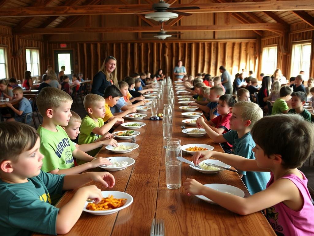 Campers eating together and socializing at mealtime following summer camp rules