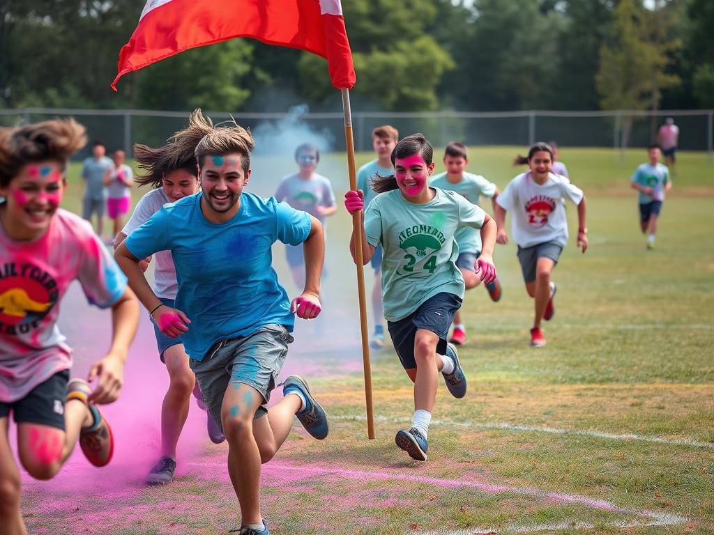 Campers playing Color War Capture the Flag with team colors and face paint