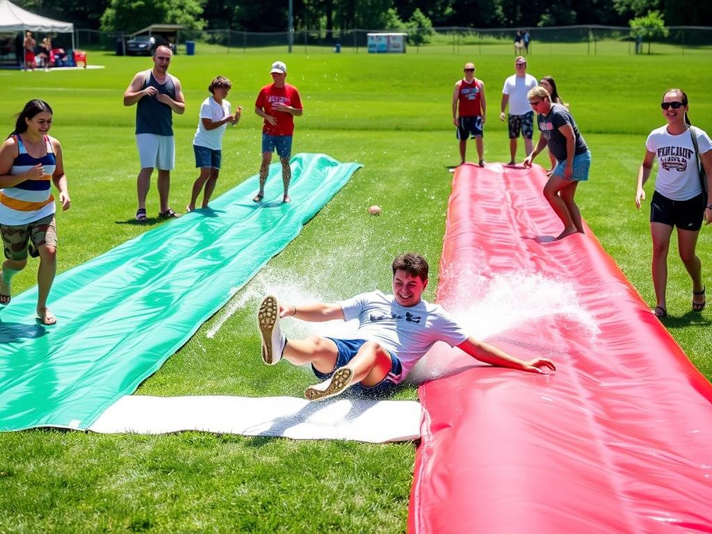 Campers playing Slip 'n Slide Kickball with water slides between bases