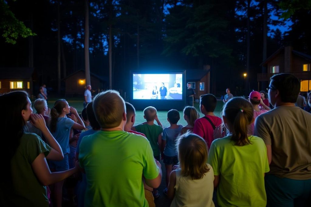 End-of-summer compilation video being shown to campers