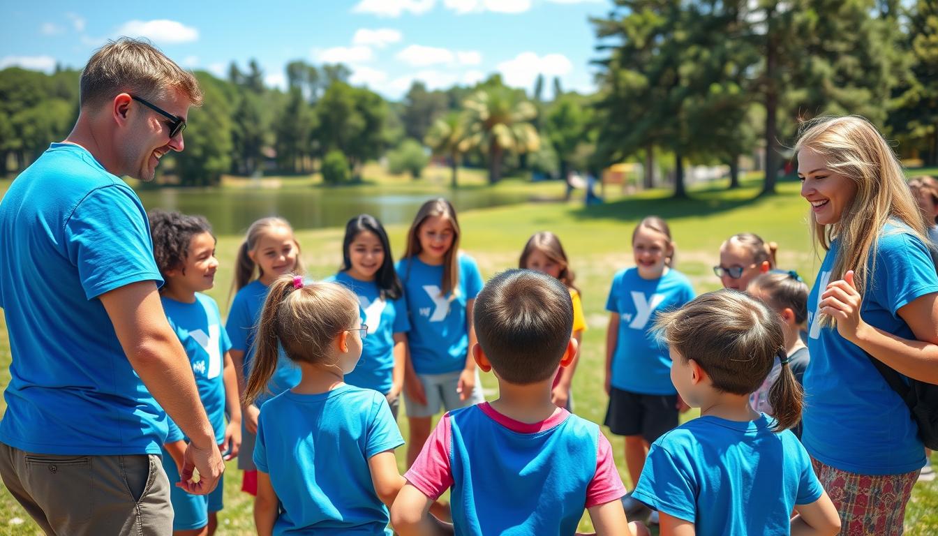 Enthusiastic YMCA camp counselors leading a group activity with smiling campers at Camp New York
