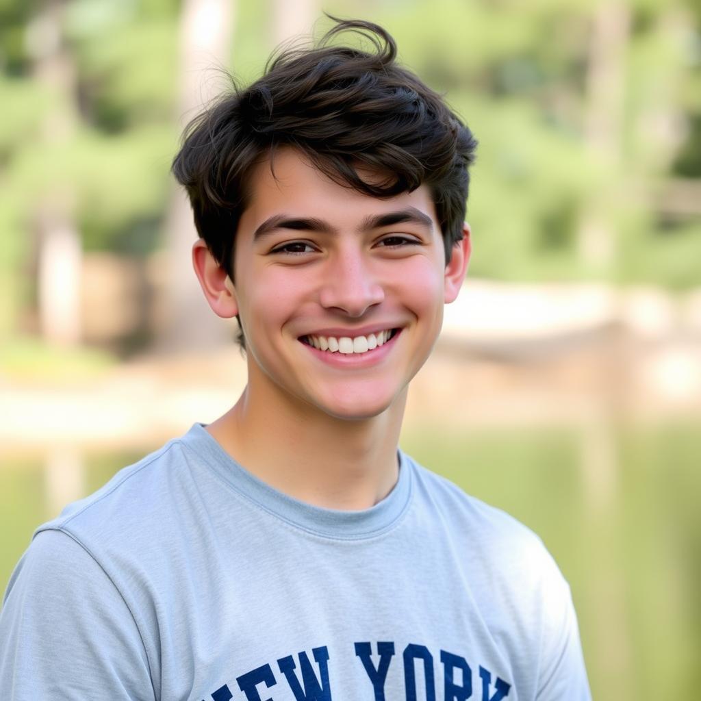 Former sleep away camp counselor smiling in camp t-shirt