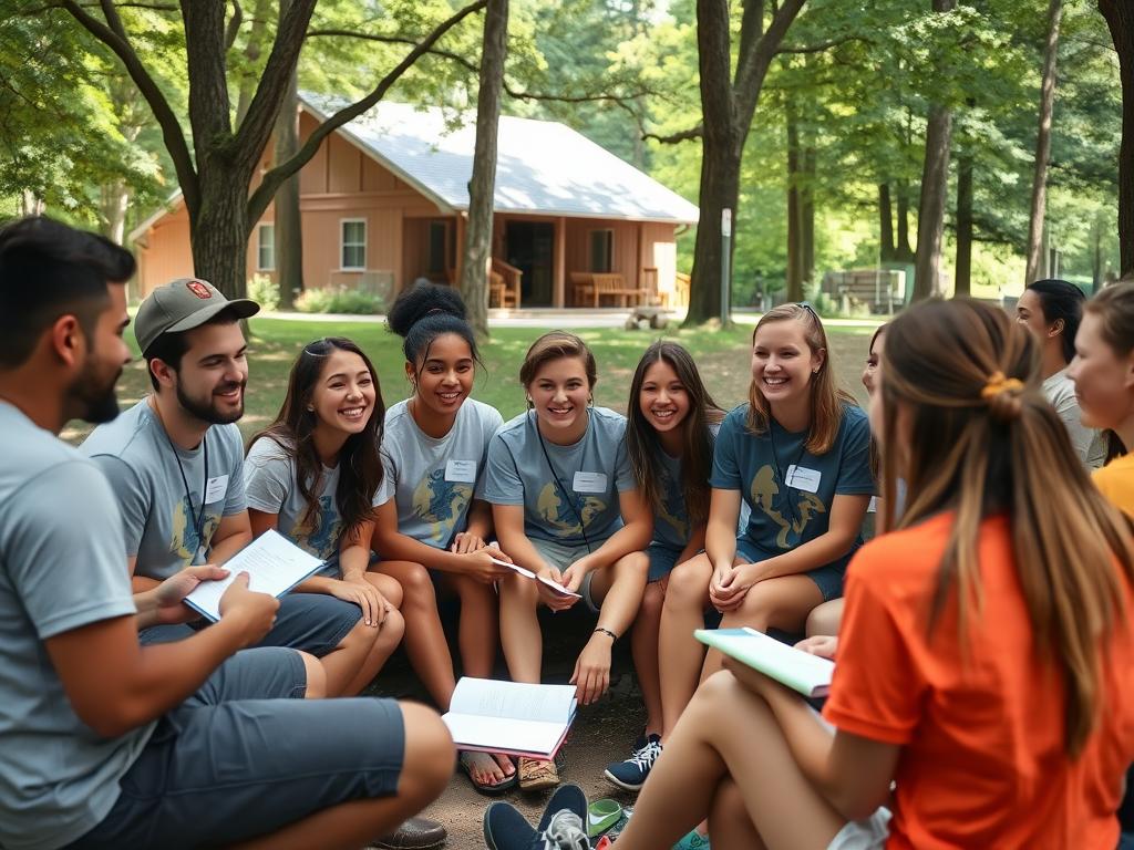 Group of diverse sleep away camp counselors during training session