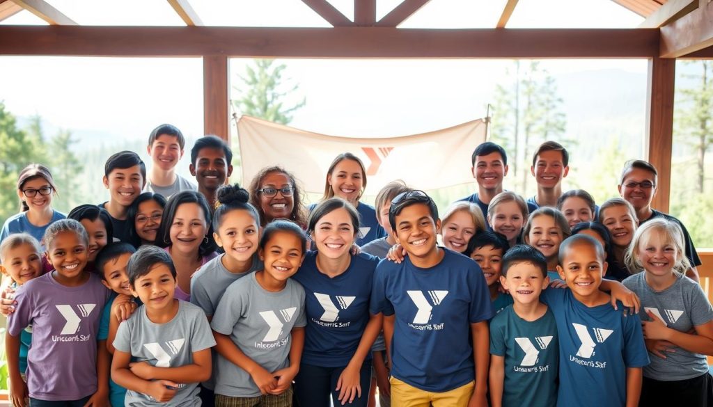 Group of happy YMCA camp counselors and campers gathered for a final celebration at Camp New York