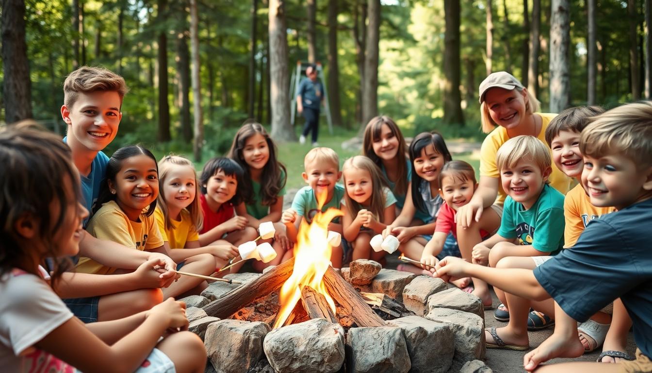 Happy campers and counselors gathered around a campfire following summer camp rules