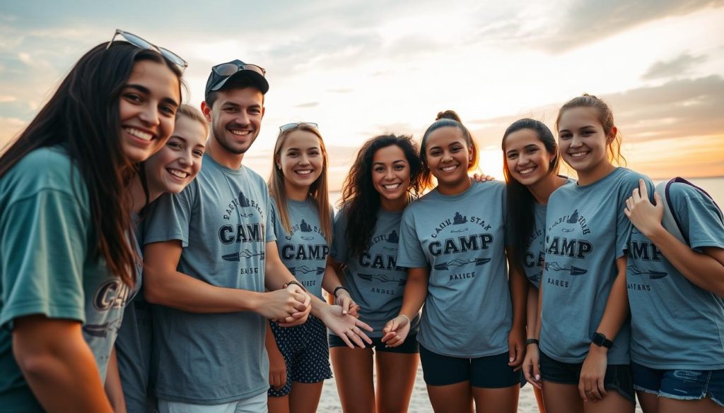 Happy summer camp staff in Florida enjoying a sunset team-building activity