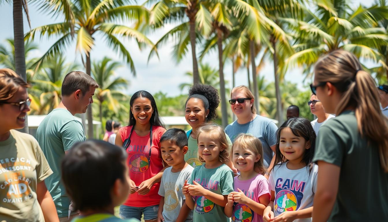 Summer camp counselors in Florida leading activities with happy campers